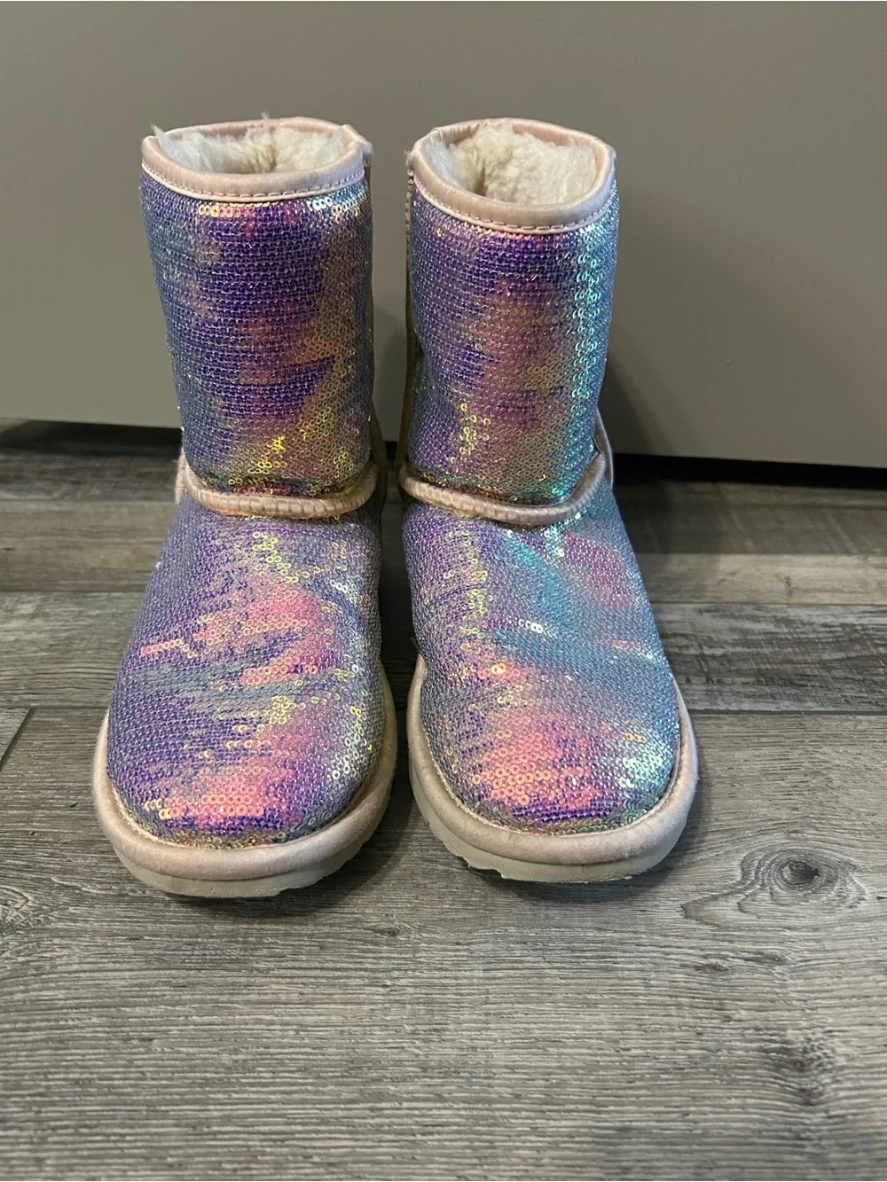 UGG Classic Short Cosmos Sequin Boots in the color quartz pink purple
